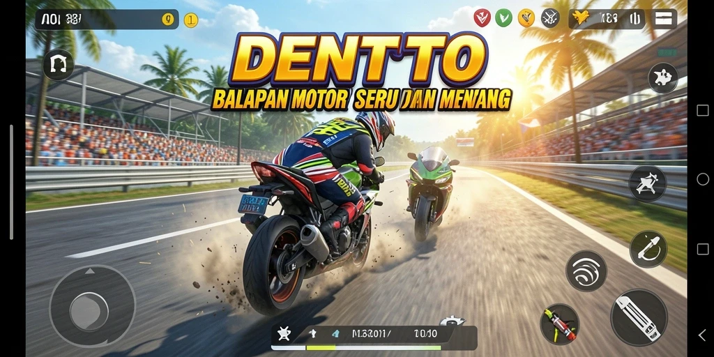 Tangkapan layar DENTOTO menampilkan aksi balapan motor yang mendebarkan.