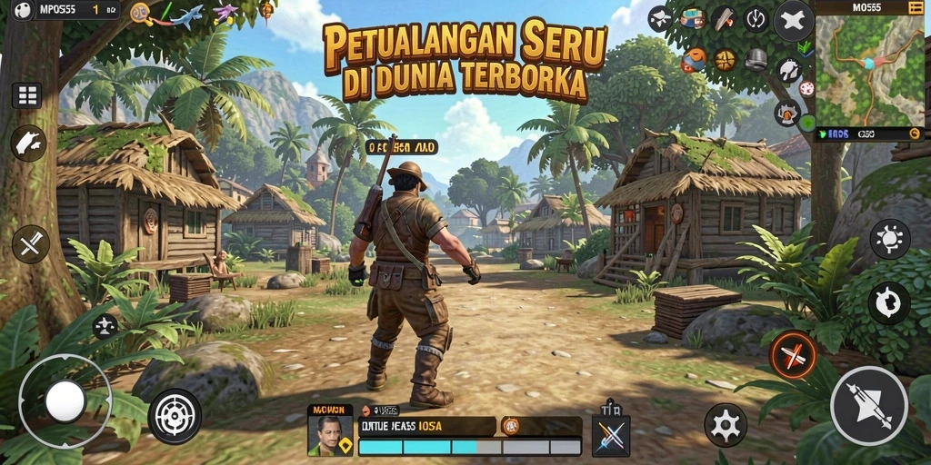 Screenshot utama MPO555 menampilkan pemandangan indah dunia terbuka.